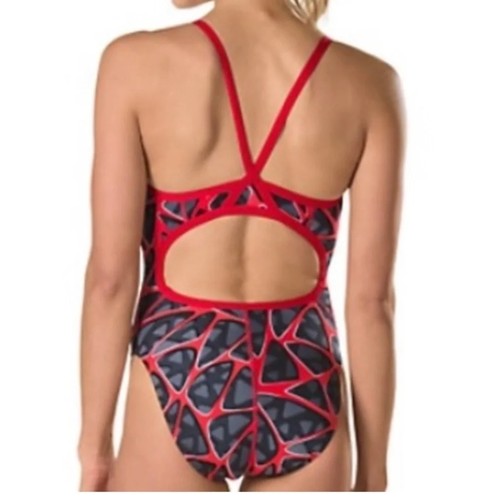 speedo Women's Swimsuit Hard Wired One Back Size 30 Red Black Abstract Print New - Picture 3 of 10
